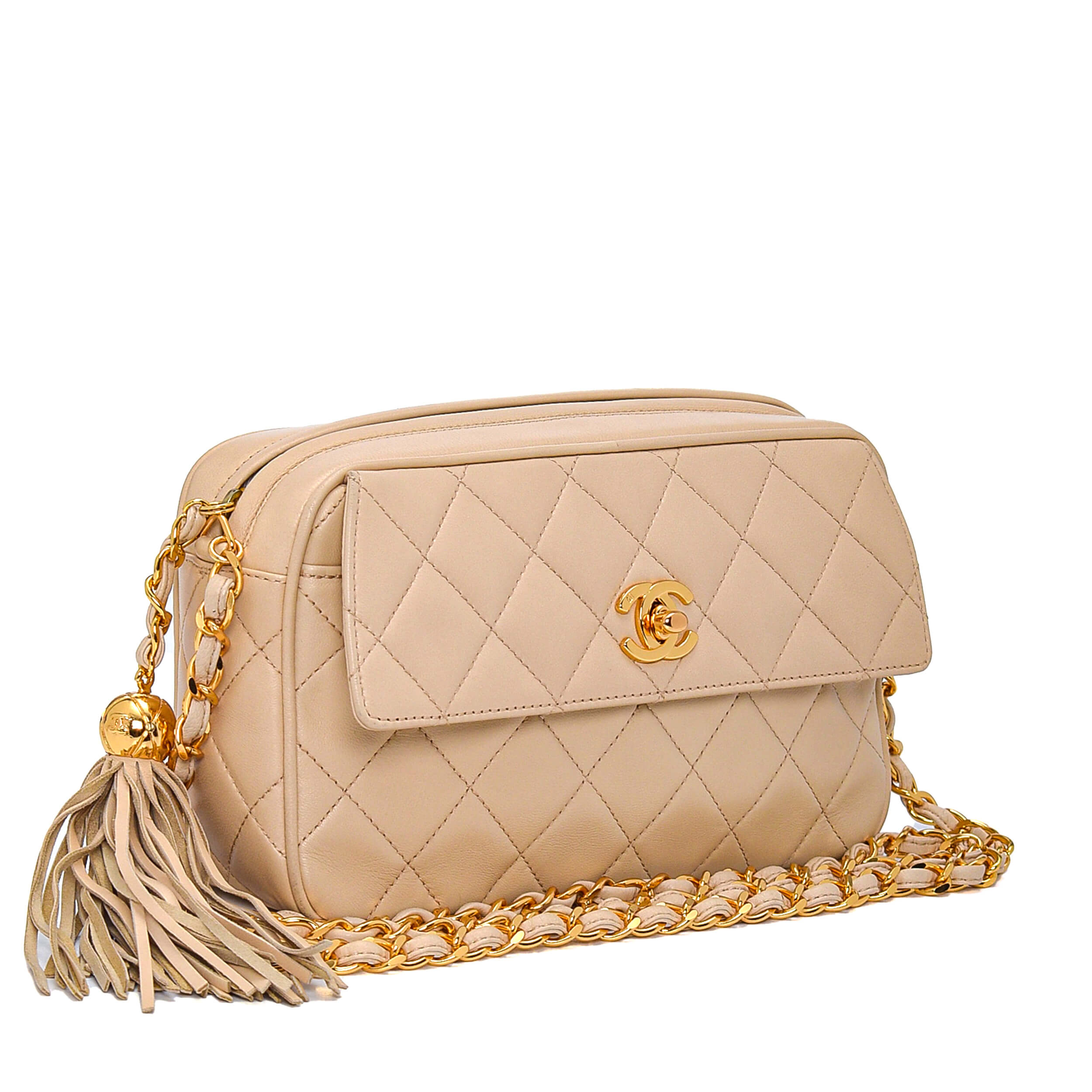 Chanel - Beige Quilted Lambskin Leather Fringee Camera Bag